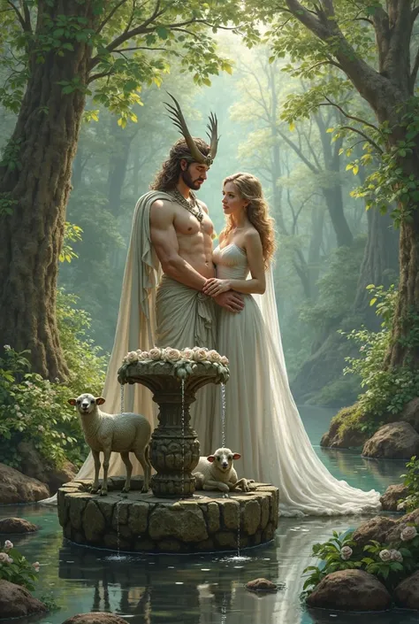 An image of Frondoso and Laurencia in the woods. Sheep fountain work