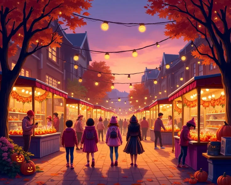 a festive halloween night market in a cozy small town square, warm glowing stalls selling pumpkins and candy, children and famil...