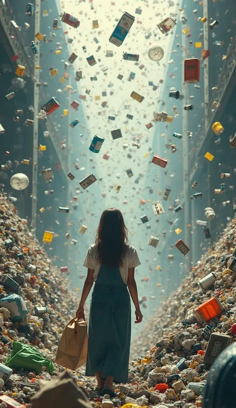 best image quality、The girl is the garbage manager、a lot of trash is falling from above her head、