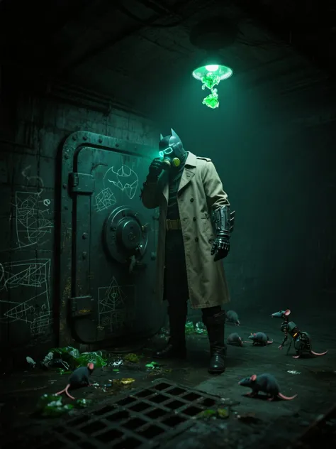A noir-inspired scene deep within the city's abandoned sewage grid — lit only by a single overhead bulb and glowing green waste....
