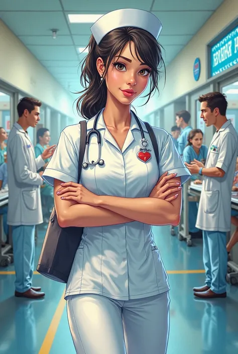Nurse with hospital background for game card like comic 