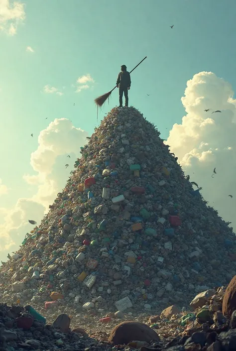 straddling an insanely large vacuum。with a large broom in her hands。The background is a mountain of waste。