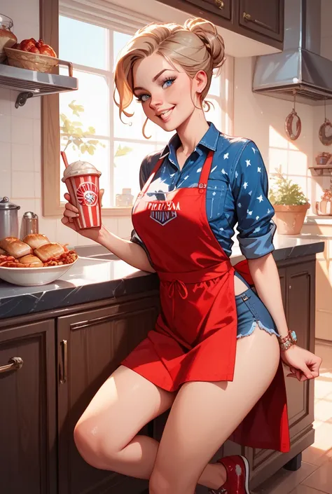 American shorthair kitten walking on two legs wearing a red apron