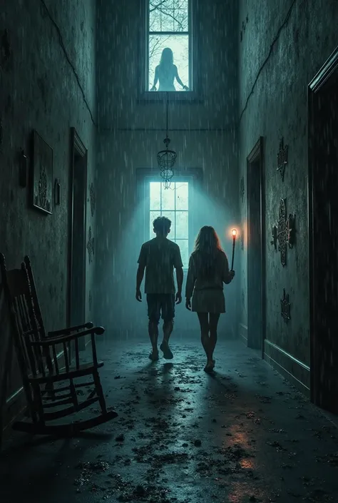 A dark, abandoned farmhouse at midnight during a thunderstorm. Rain pours down, lightning flashes through the broken windows. I...