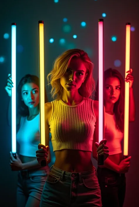 "Ultra-realistic group portrait 80s style, each person individually framed in bright neon frames (blue, yellow, red, pink and g...