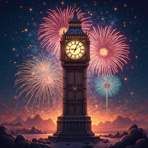 New Year celebration poster with clock and fireworks