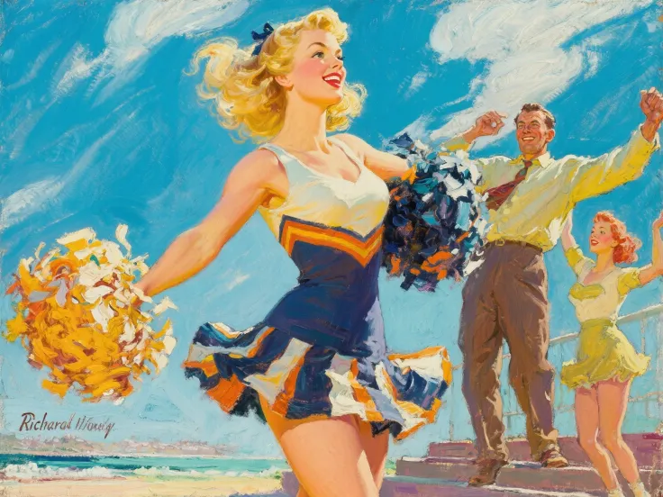 screen,A blonde beauty wearing a cool cheerleader skirt in a cheerleader dance,Screen dynamic,Full of summer style,In warm color...