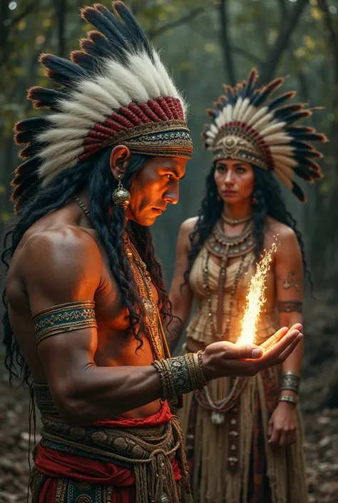 Create a realistic image of a Native American Indian warrior with a magic dagger pointed at the palm on his left side from which...