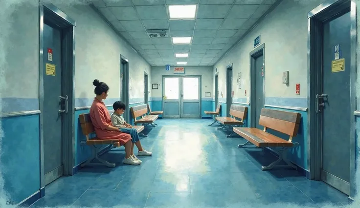 I want a scene in a Chinese hospital, it's a corridor with doors and benches on both sides. A mother and her nervous son sat tog...