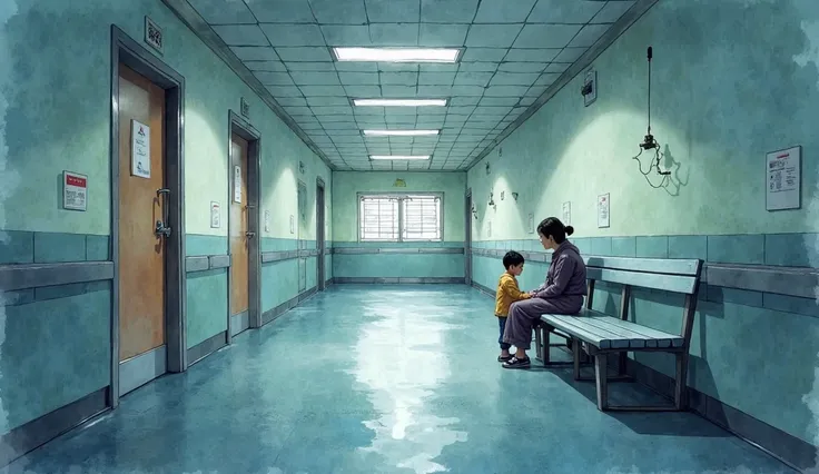 I want a scene in a Chinese hospital, it's a corridor with doors and benches on both sides. A mother and her nervous son sat tog...