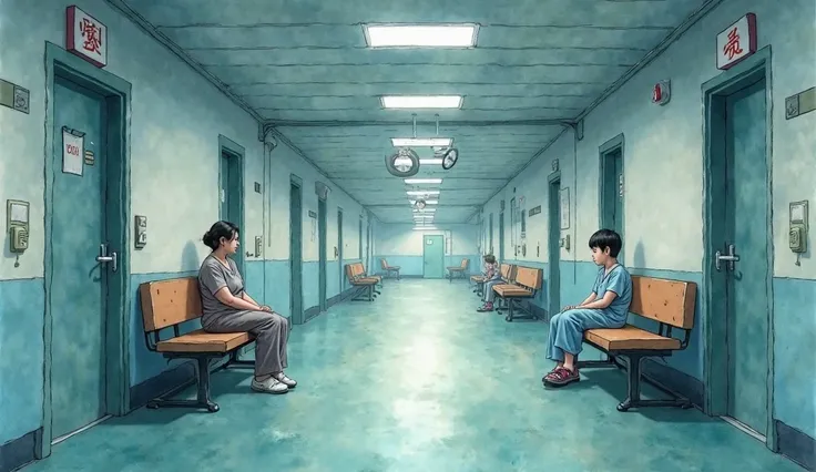 I want a scene in a Chinese hospital, it's a corridor with doors and benches on both sides. A mother and her nervous son sat tog...