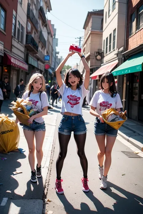 Girls lifting large pieces of trash on the street