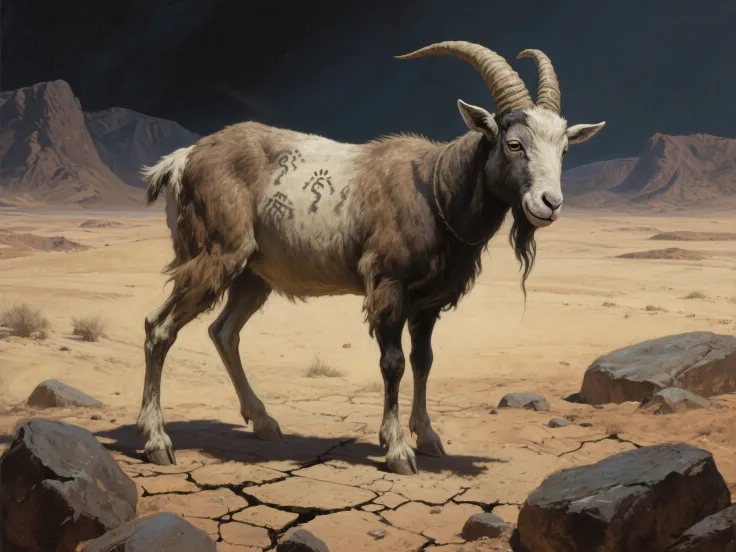 "A full-body illustration of [A solitary goat in the desert — the Biblical scapegoat from the Day of Atonement. It stands on dry...