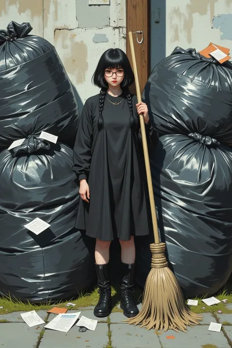 f4nt4sy painting,1girls, ,Dwarf girl、she's staring at me in front of trash bags、Frameless Round Glasses、dark haired、cropped bang...