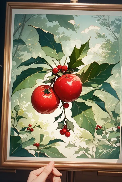 botanical painting of common holly、Colored pencil style、dull green leaf、antique red fruit、Watercolor Smudging Effects、botanical ...