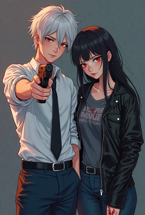 An manga 19 year old man with red eyes pale hair and white shirt and dark blue trouzerz and with lityle smile holding a gun agai...