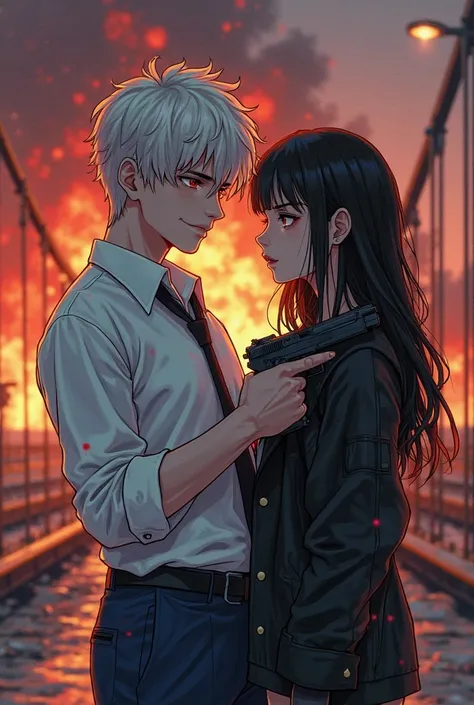An manga 19 year old man with red eyes pale hair and white shirt and dark blue trouzerz and with lityle smile holding a gun agai...