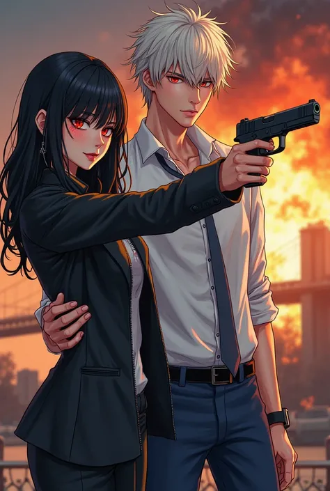 An manga 19 year old man with red eyes pale hair and white shirt and dark blue trouzerz and with lityle smile holding a gun agai...