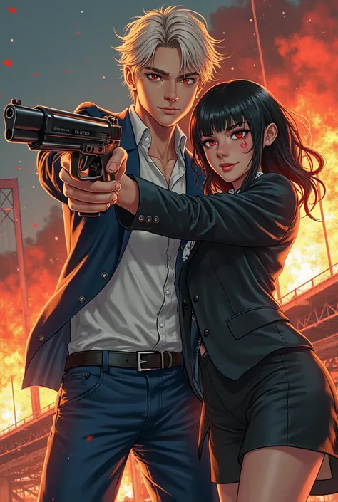 An manga 19 year old man with red eyes pale hair and red aureola and white shirt and dark blue trouzerz and with lityle smile ho...