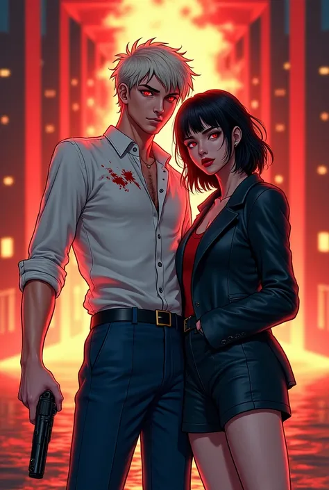 An manga 19 year old man with red eyes pale hair and red aureola and white shirt with blood on it and dark blue trouzerz and wit...