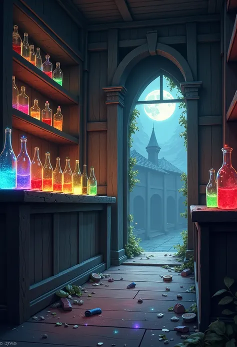 An empty medieval fantasy shop interior in a Dungeons & Dragons style, illustrated in high-quality anime or painterly style. The...