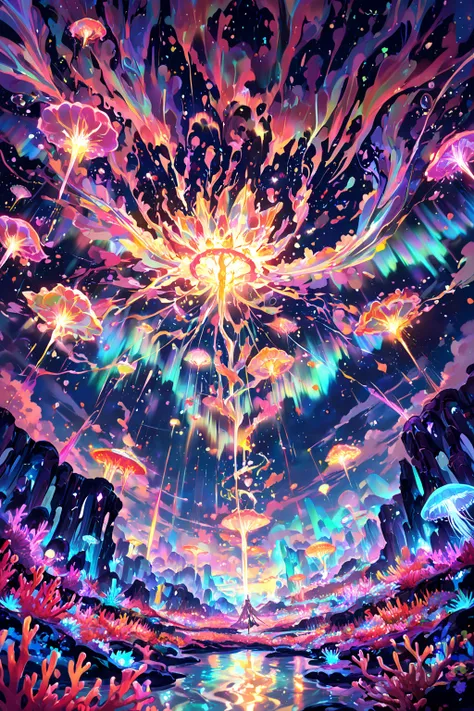 masterpiece, ultra highres, best quality, ethereal coastal fantasy, crystalline floating islands hovering over iridescent ocean,...