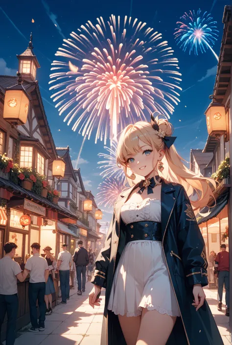 I want you to generate an illustration of a scene where fireworks are launched in the night view of Meriken Park without people