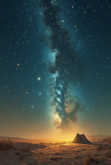 A golden desert, the sky is encrusted with stars, and a tent with dim lighting, without a living creature, a landscape that radi...