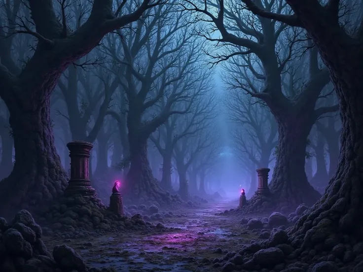 A dark and haunted fantasy forest, overgrown with twisted trees and glowing purple or blue mist. The ground is covered in ancien...