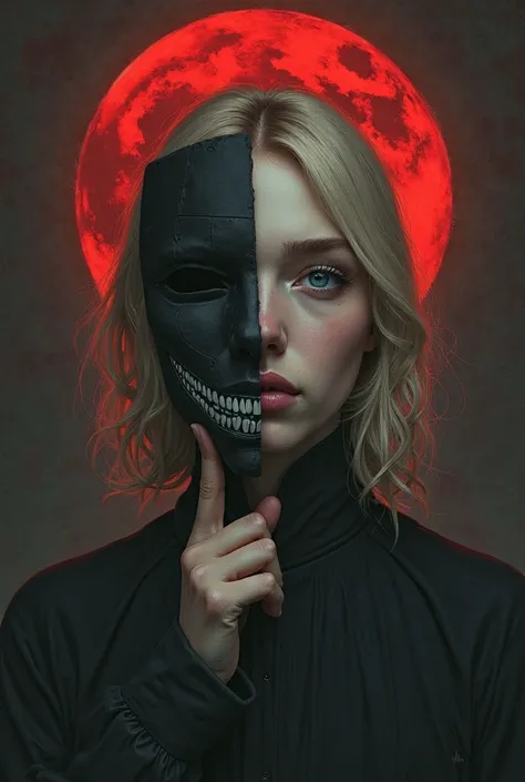 A person with light skin color, with blond hair and dark blue eyes holds a mask over half of his face, that smiles and the perso...