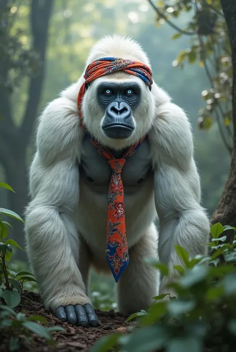 A hyper-realistic image of an albino gorilla in the jungle, with vivid white fur and glowing icy blue eyes. The gorilla is the s...