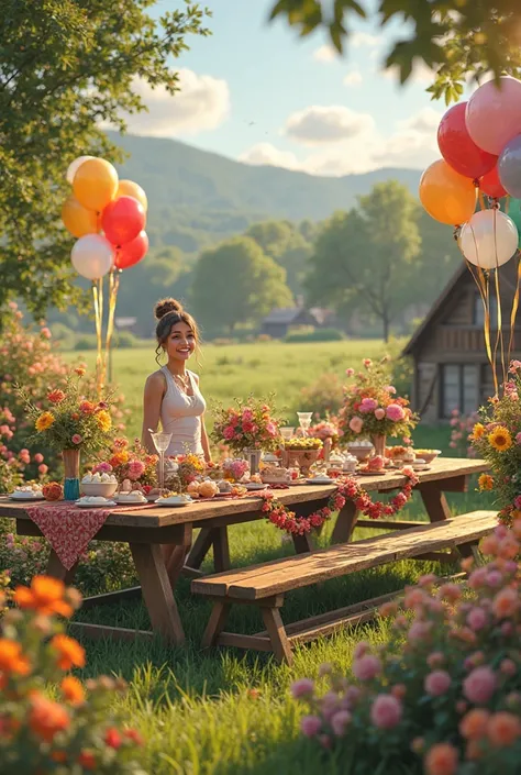 Ariana's simple farm party with flowers and balloons and large table
