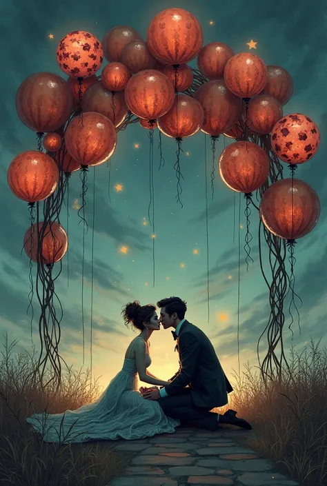 Draw a couple sitting under a Tim Burton-style balloon arch
With a romantic Gothic atmosphere
Not a real person
If not an inspir...