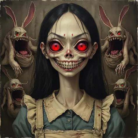 close-up of a painting of a woman with creepy eyes, creepy art, fear的笑容. fear, fear艺术, Anton Semenov , Junji is 4k, fear surreal...