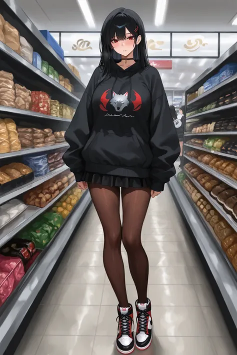 A black-haired, wolf-like girl is wearing a black miniskirt and sweatshirt, pantyhose, and red and black Jordan 1 sneakers. He i...