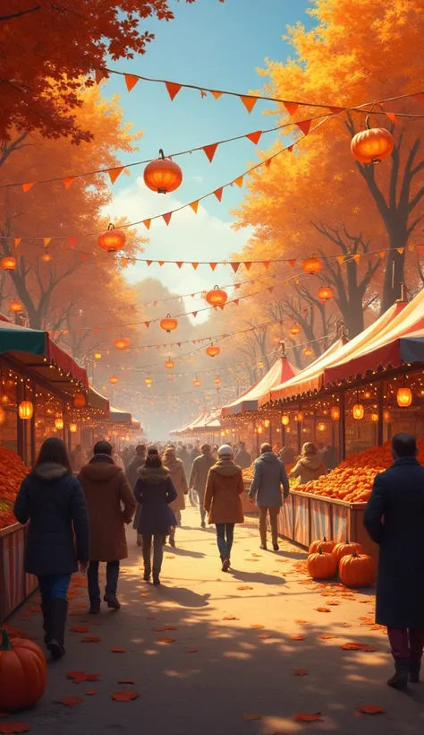 "Autumn carnival scene with glowing lanterns, pumpkin stalls, and warm cozy lights, festive feeling"


