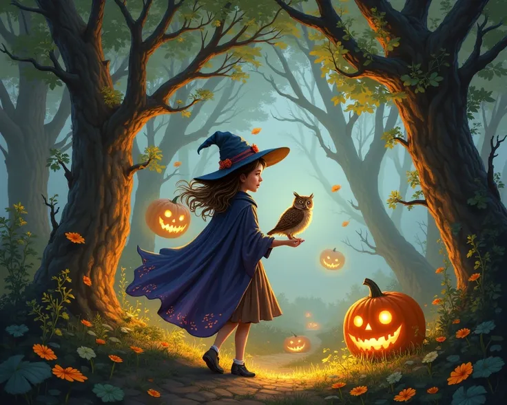 a magical forest glowing with floating jack-o'-lanterns, a young girl in a witch cloak walking with an owl on her shoulder, glow...
