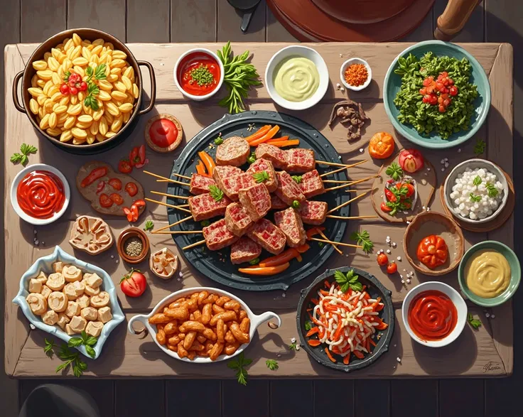 The image is a top-down illustration of a dining table featuring various dishes and ingredients, including grilled meat, skewers...