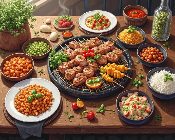 The image is a top-down illustration of a dining table featuring various dishes and ingredients, including grilled meat, skewers...