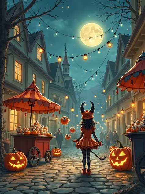 storybook illustration of a devilish little girl in a harlequin outfit performing a prank on a juggler in a whimsical Halloween ...