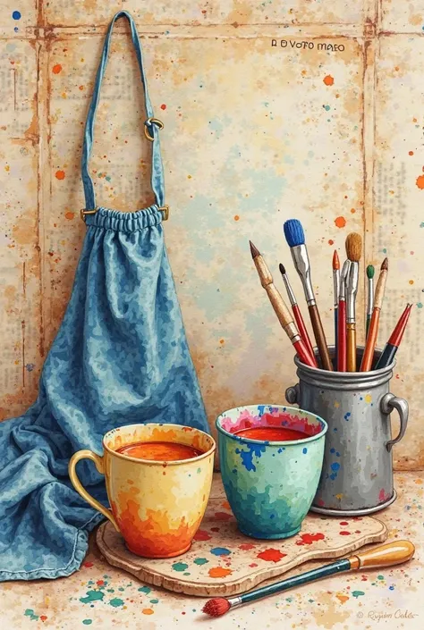 , two watercolor cups，watercolor pen, one，One apron, one，palette, one，rag, one，old newspaper