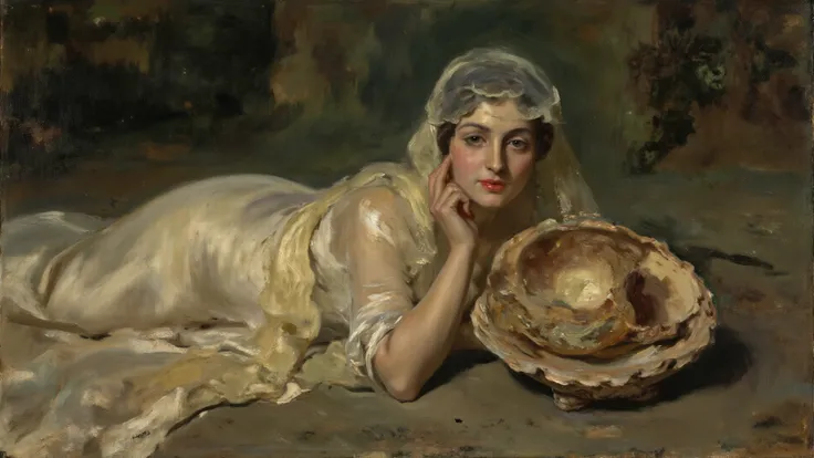 dramatic chiaroscuro oil painting, a veiled woman lying on a stone slab, ear to an ancient seashell, gentle luminescence on her ...