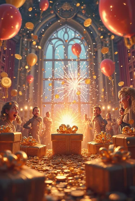 Multe cadouri, gold coins, confetii, fireworks and balloons.