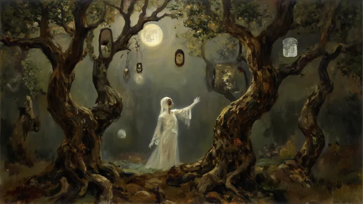 dramatic chiaroscuro oil painting, moonlit ancient forest filled with floating mirrors of various sizes, spectral woman reaching...