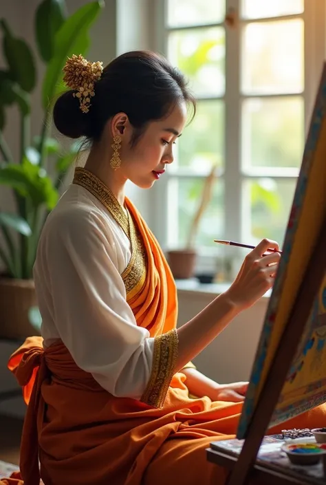 A beautiful Myanmar woman wearing a traditional longyi and elegant blouse, sitting in front of an easel, deeply focused on paint...