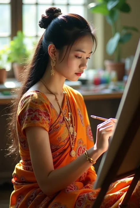A beautiful Myanmar woman wearing a traditional longyi and elegant blouse, sitting in front of an easel, deeply focused on paint...