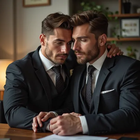 male. 35 years old. Handsome European. Rugby player male on the desk in the office. Brown wave hair. good muscle and fat. Wear ...