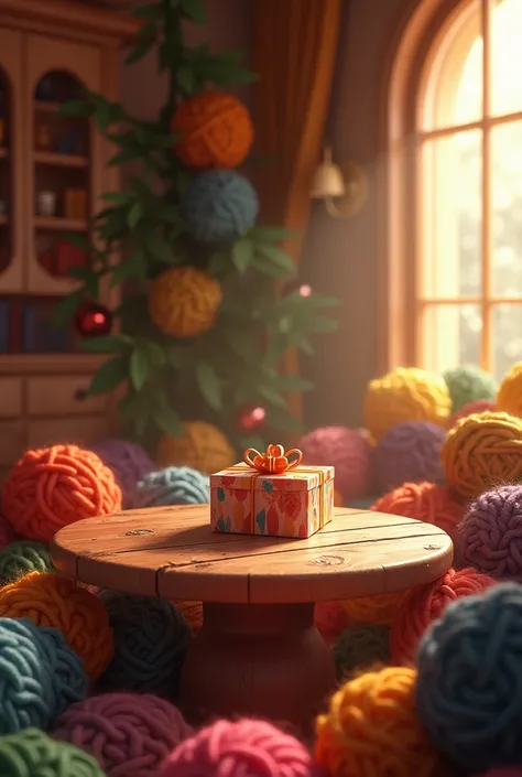 A very cozy Disney-style room where there is a small table full of wool skeins but in the center of the table there is a gift bo...
