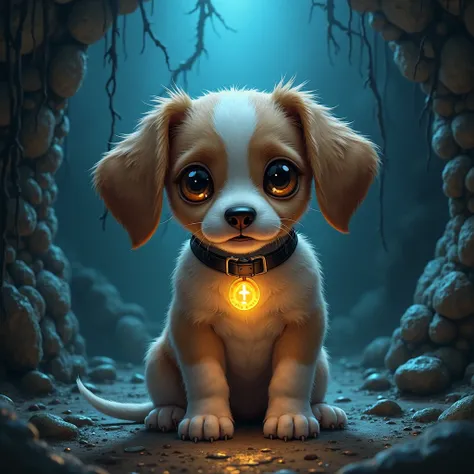 photorealism, detailed drawing. A puppy with three heads in the dungeon. The puppy is very cute, mimicry. Huge curious eyes, col...