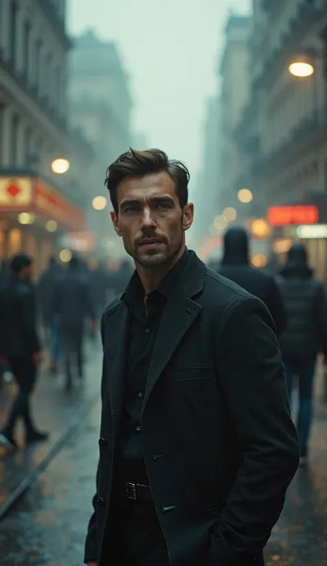 A cinematic wide-angle full-body portrait of a handsome, light-skinned man standing and facing slightly to the right of the fram...